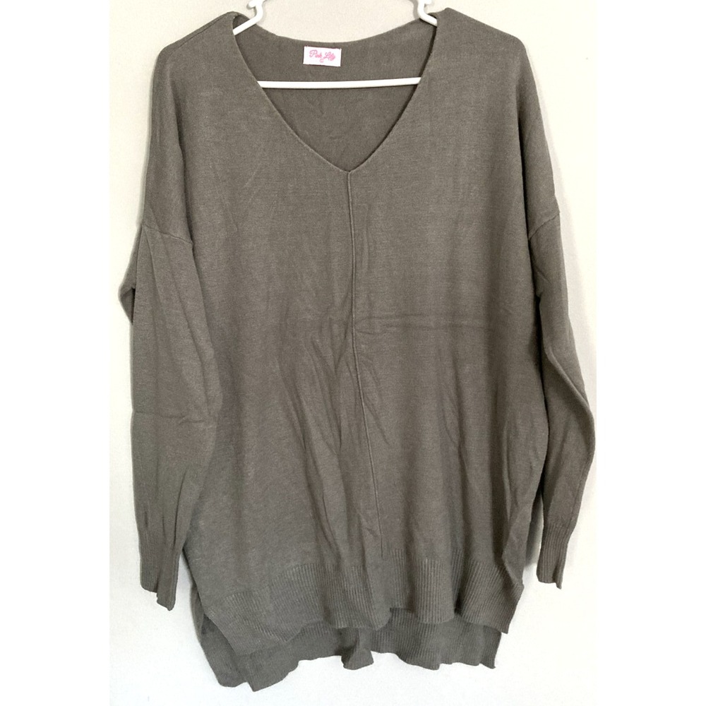 Pink Lily Sweater Womens L Green V Neck Tunic Long Sleeve Soft Knit Pullover EUC